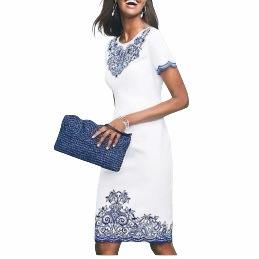 Talbot's Petites Women'S White Linen W/ Royal Blue EmbroideryDress Size